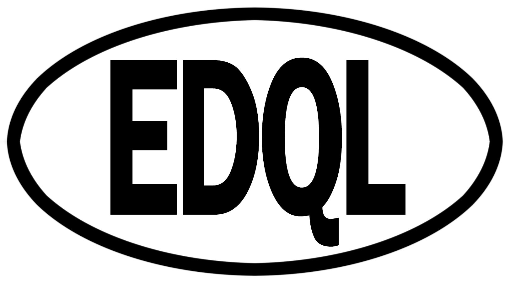 Oval white bumper sticker with a thick black border and large black uppercase letters reading EDQL. Primary subject is the sticker; it sits on a painted scene of a silver SUV crashed nose-first into a tree surrounded by scattered fried and baked foods and other bumper stickers. Tone is surreal, darkly humorous, and slightly ominous.