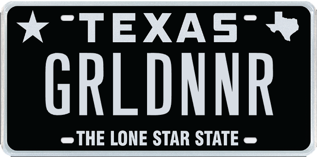 Texas license plate with large uppercase letters reading TEXAS and smaller letters partly legible as GRLONNK; primary subject is the license plate, which sits on a painted scene of a silver SUV crashed nose-first into a tree surrounded by scattered fried and baked foods and other bumper stickers. Tone is surreal, darkly humorous, and slightly ominous.